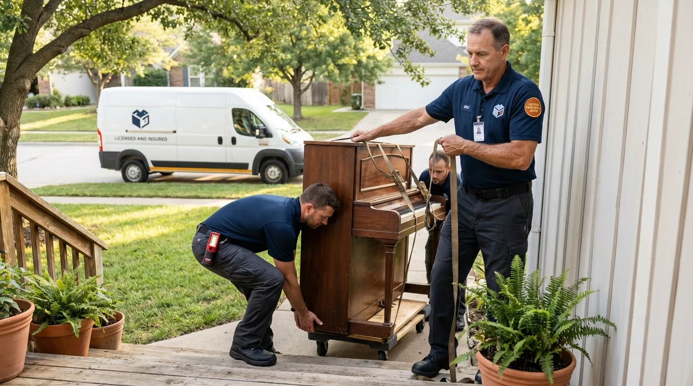 Licensed piano movers securing grand piano in Fort Plain, NY