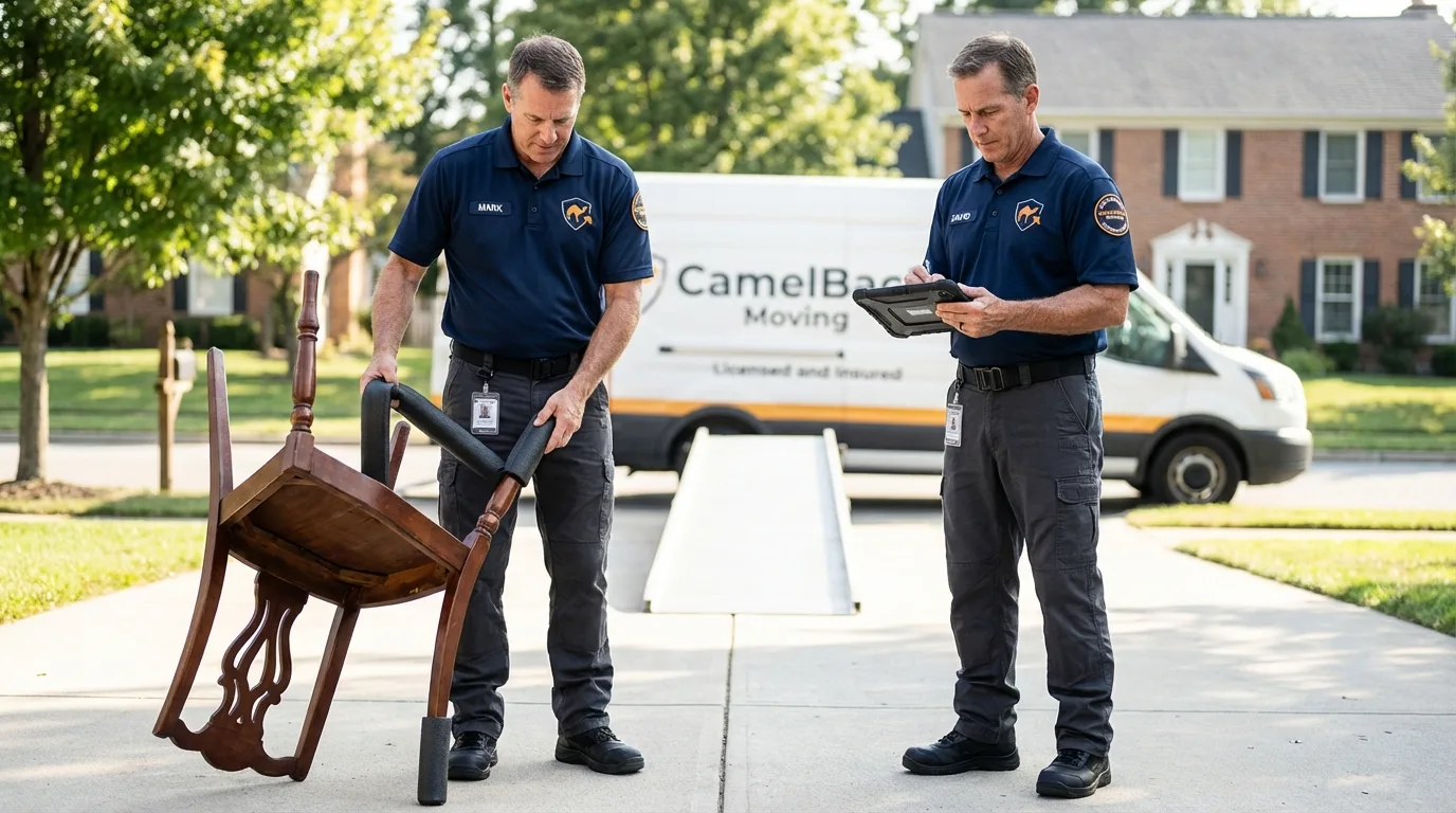 Movers inspecting furniture for damage prevention before loading in Fort Plain, NY