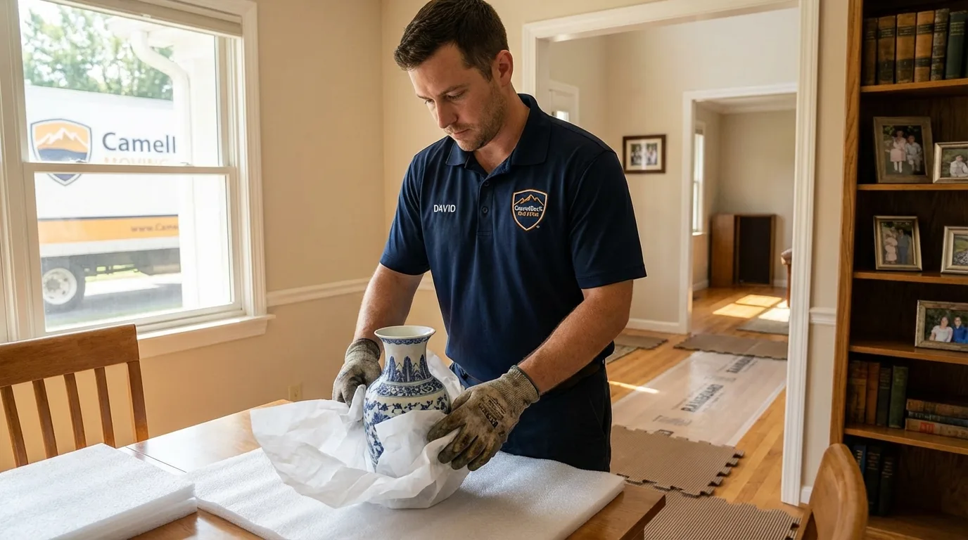 Professional crew carefully wrapping antique vase for senior downsizing move in Fort Plain, NY